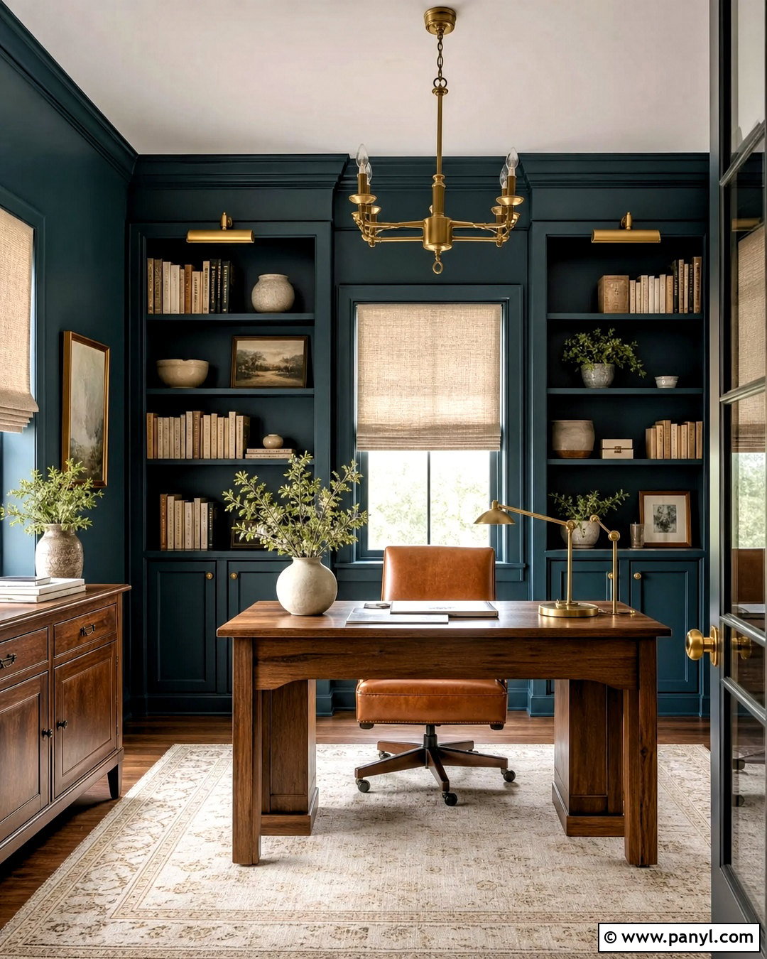 Dark Blue Home Office With Built-In Shelves - 20 dark blue wall paint ideas