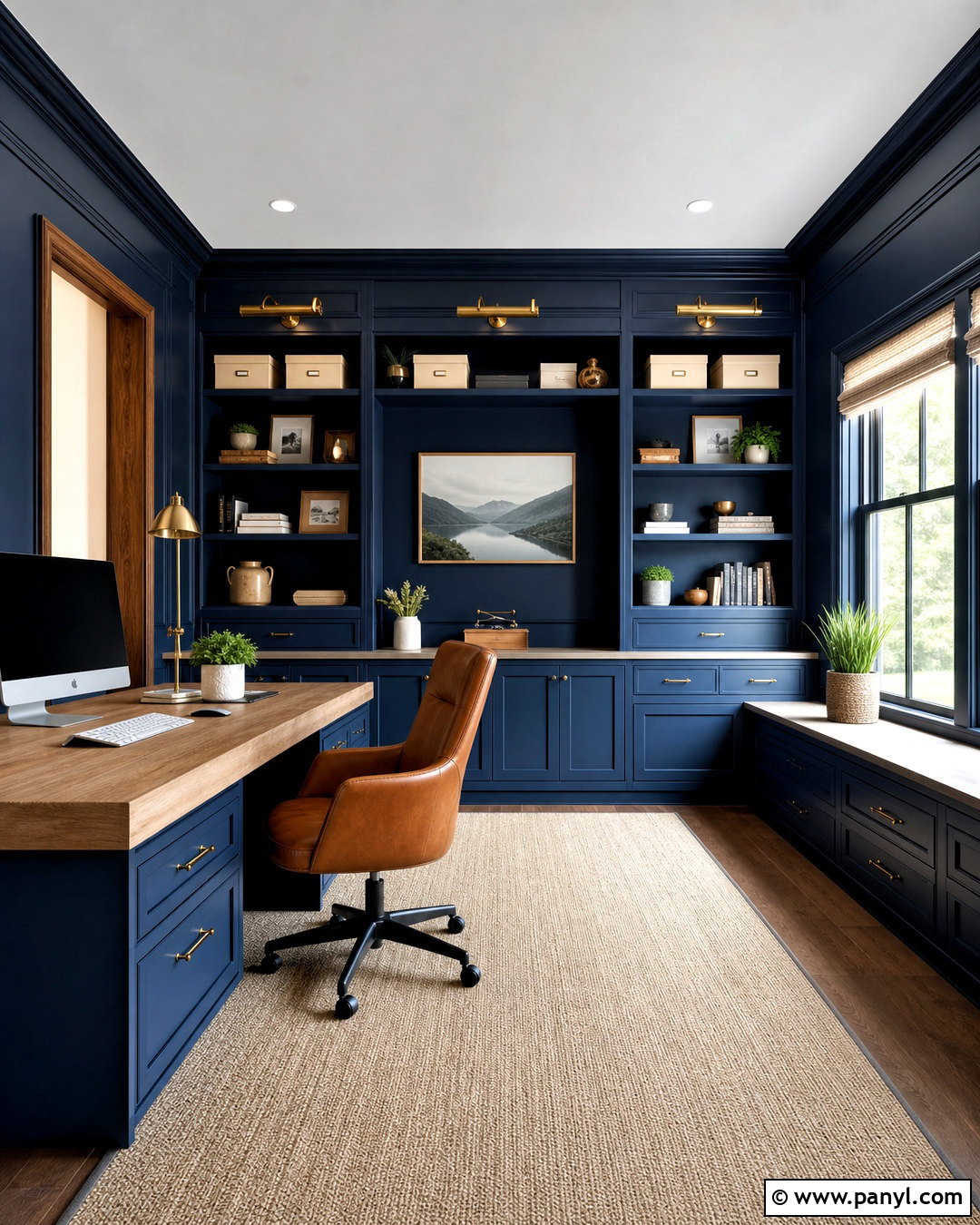 Dark Blue Home Office With Built-In Shelves - 20 dark blue interior design ideas