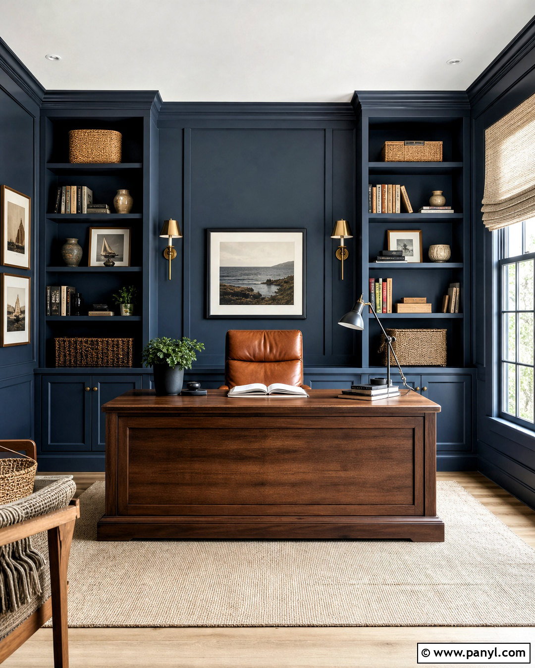 Dark Blue Home Office With Walnut Desk - 20 dark blue room ideas