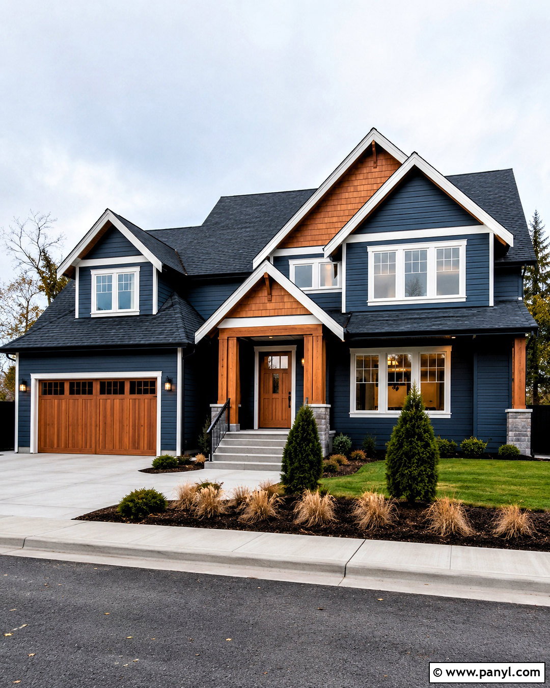 Dark Blue House With Cedar Accents And White Trim - 20 blue house white trim ideas