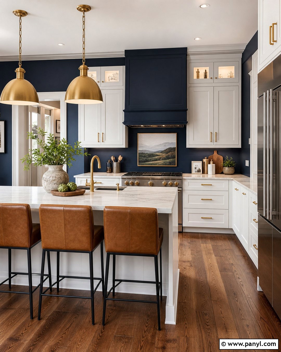 Dark Blue Kitchen Walls With Brass Hardware - 30 blue kitchen walls white cabinets