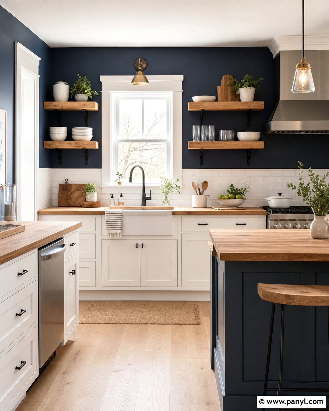 Dark Blue Kitchen Walls With Open Wood Shelves - 35 dark blue kitchen walls