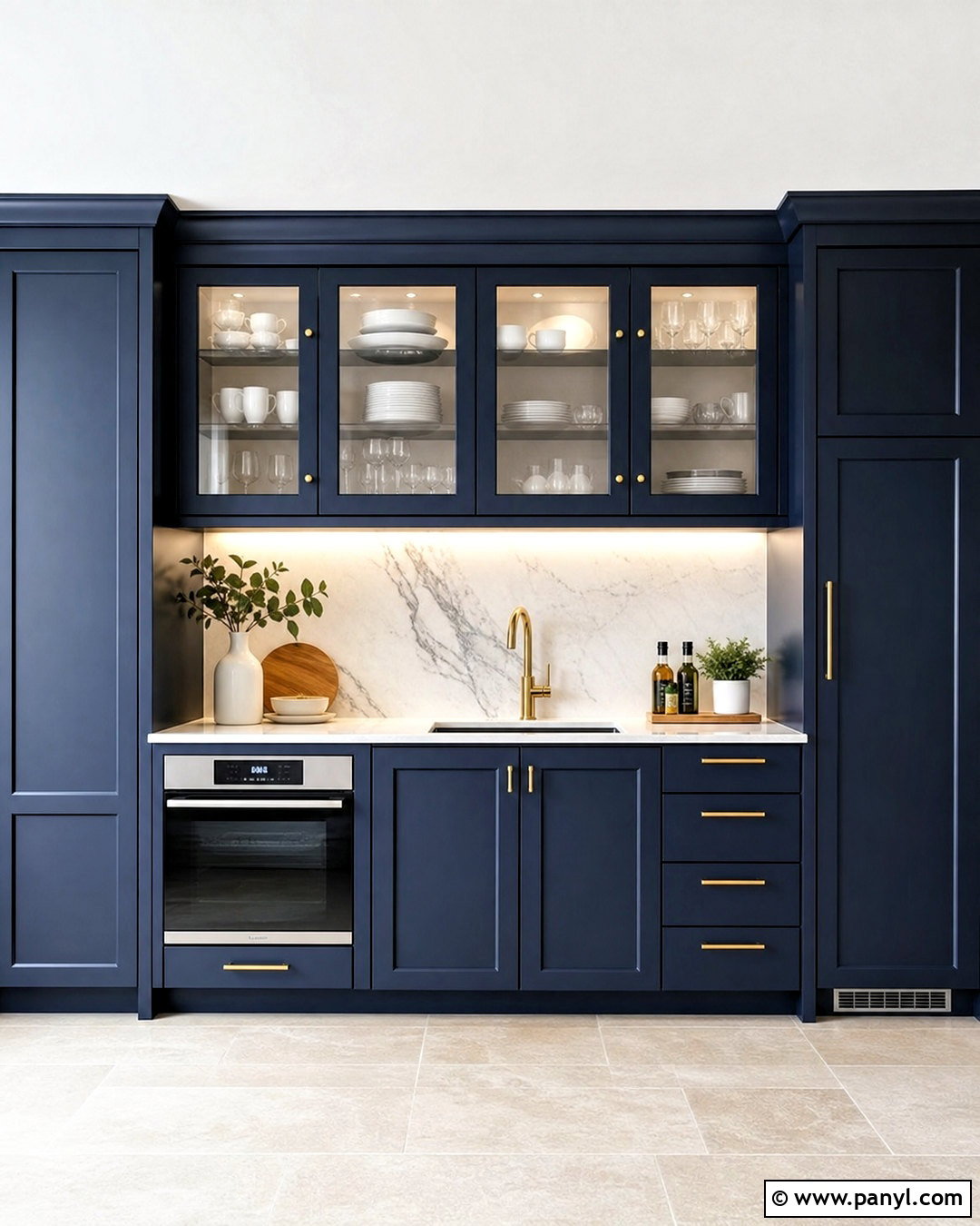 Dark Blue Kitchen With Brass Hardware - 20 small blue kitchen ideas