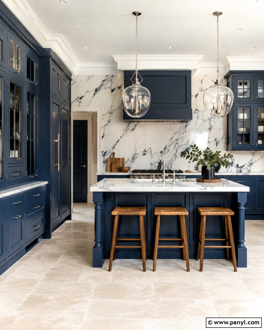 Dark Blue Kitchen With Marble Backsplash - 20 dark blue kitchens