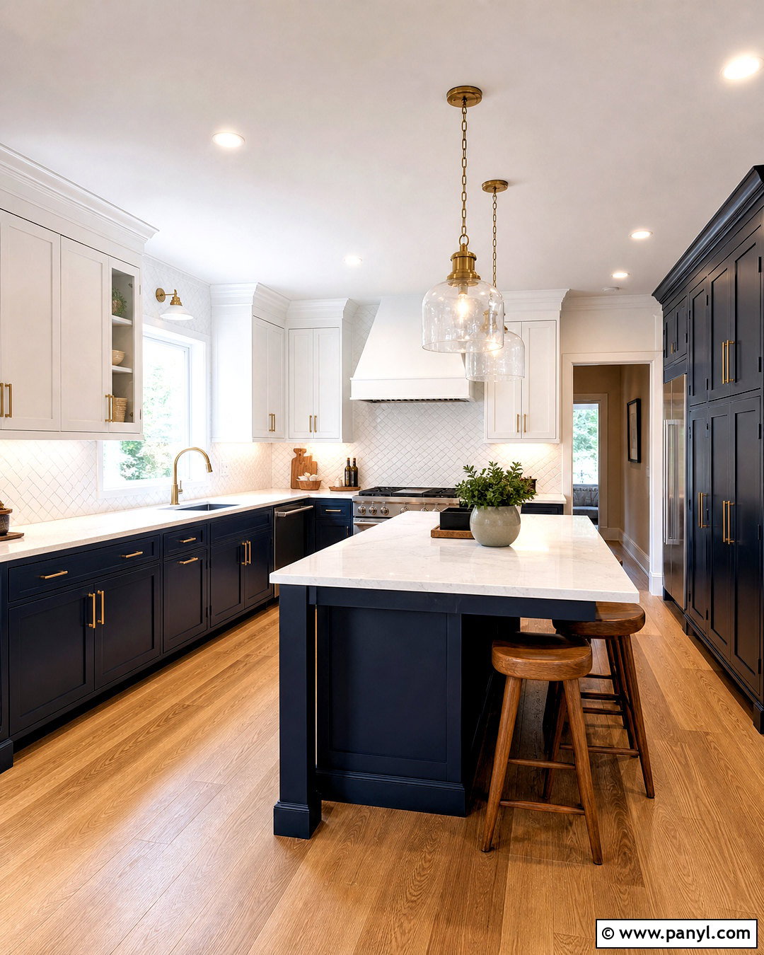 Dark Blue Kitchen With White Herringbone Tile - 20 dark blue and white kitchen ideas