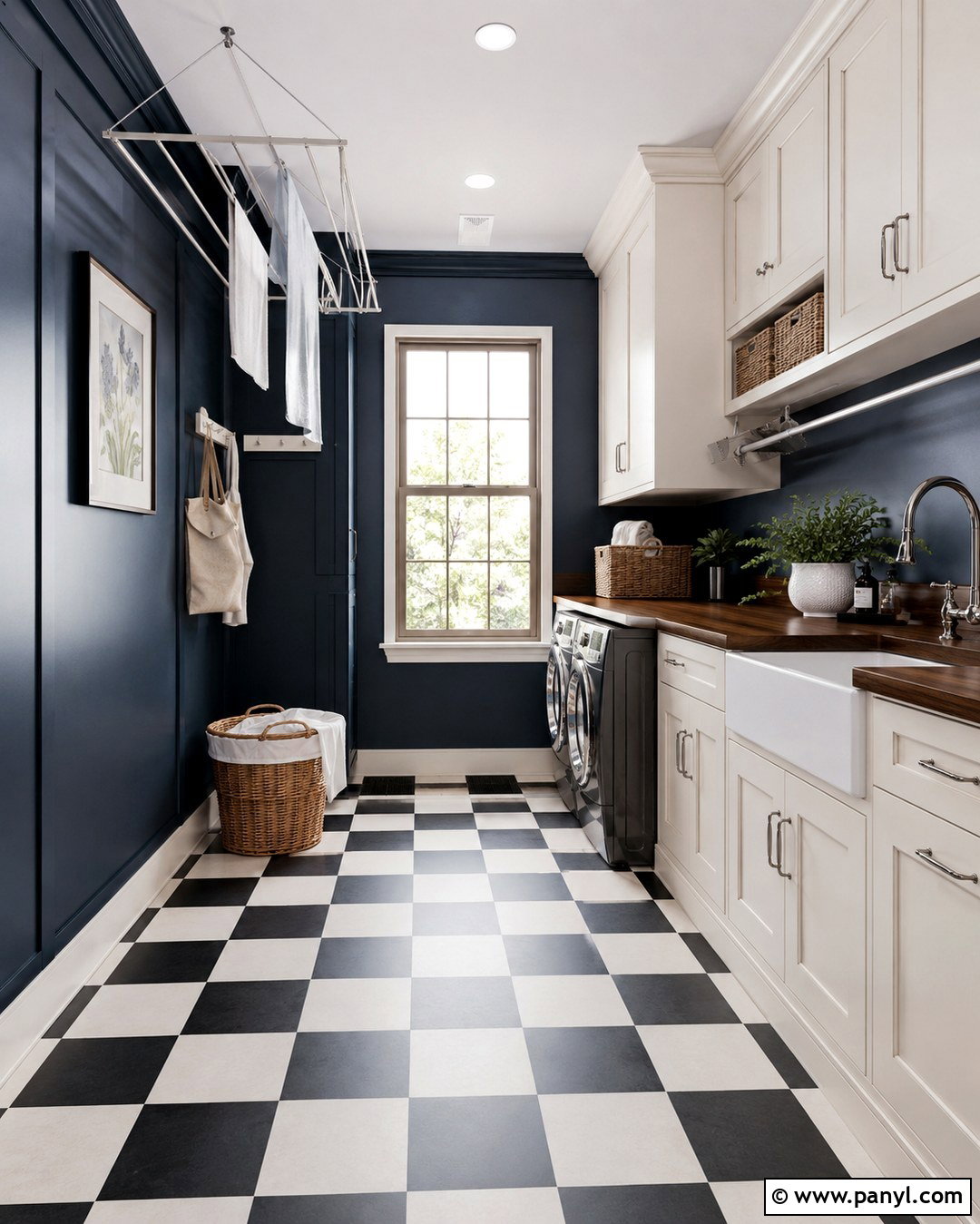 Dark Blue Laundry Room With Checkerboard Flooring - 20 Dark Wall Laundry Room Ideas