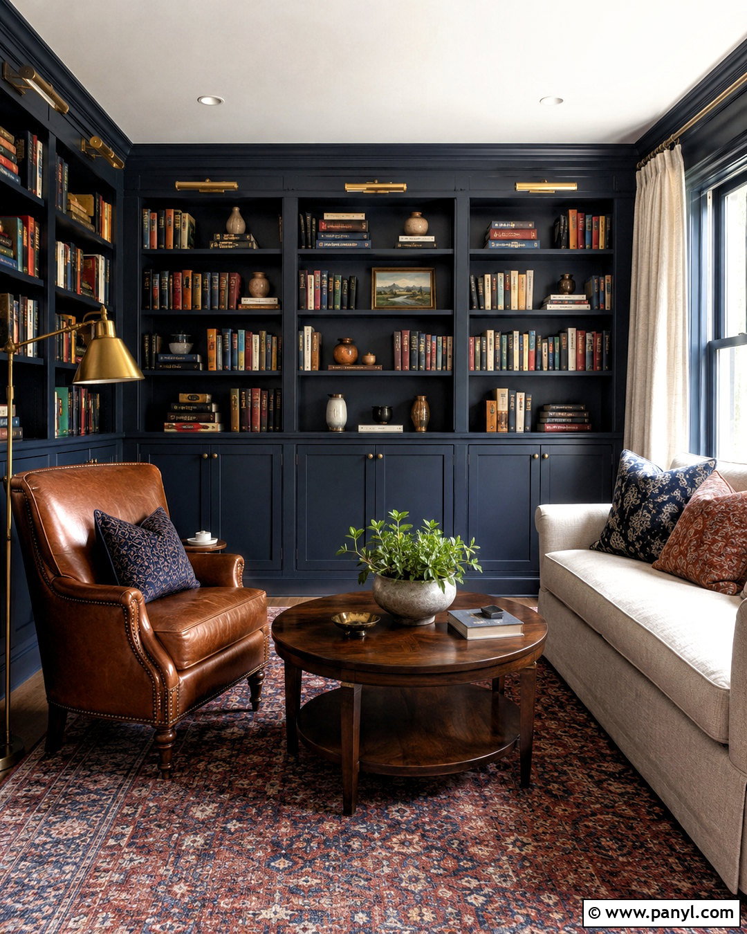 Dark Blue Library With Leather Chair - 20 dark blue rooms