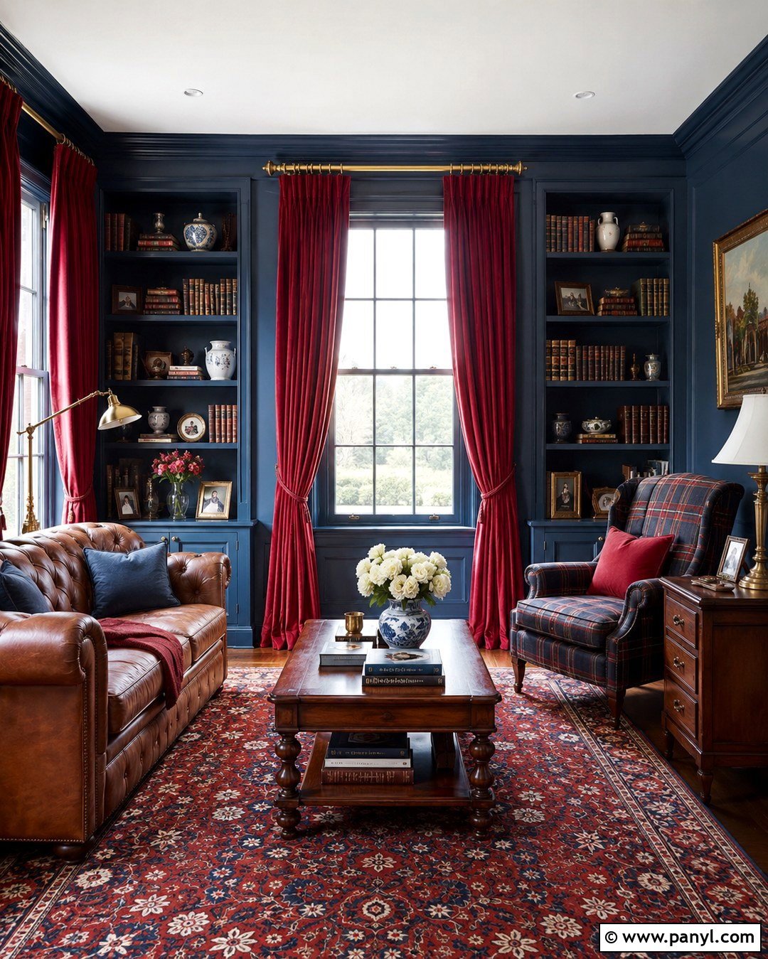 Dark Blue Library With Red Velvet Curtains - 20 Blue Walls Red Curtains