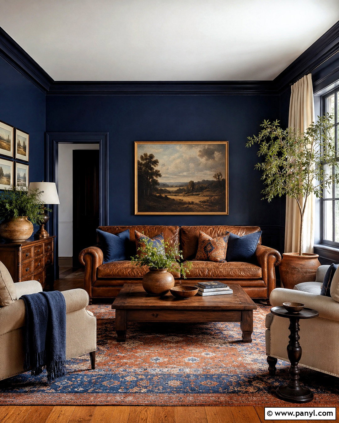 Dark Blue Living Room With Brown Leather Sofa - 20 dark blue living room ideas