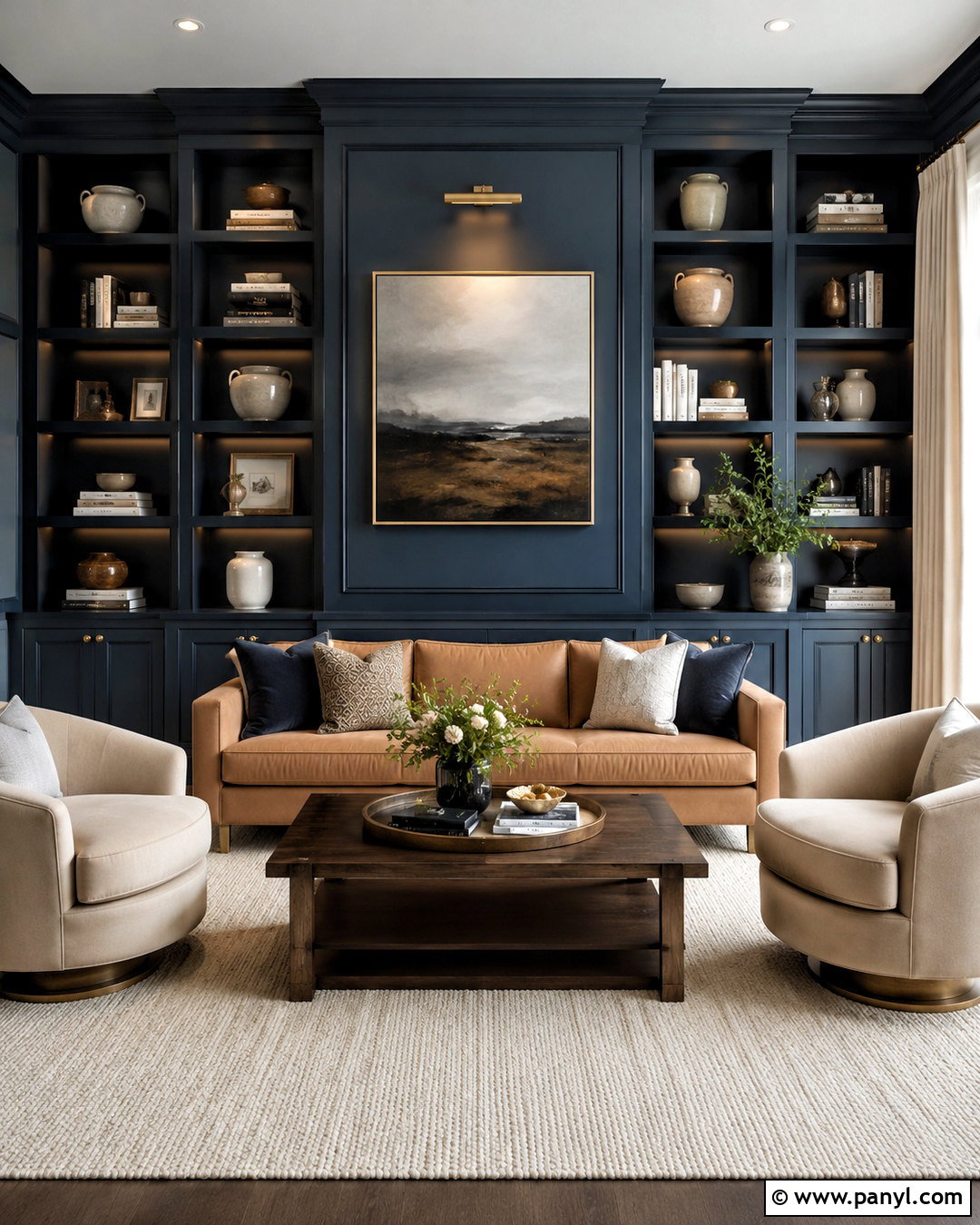 Dark Blue Living Room With Built-In Shelves - 20 dark blue living room ideas