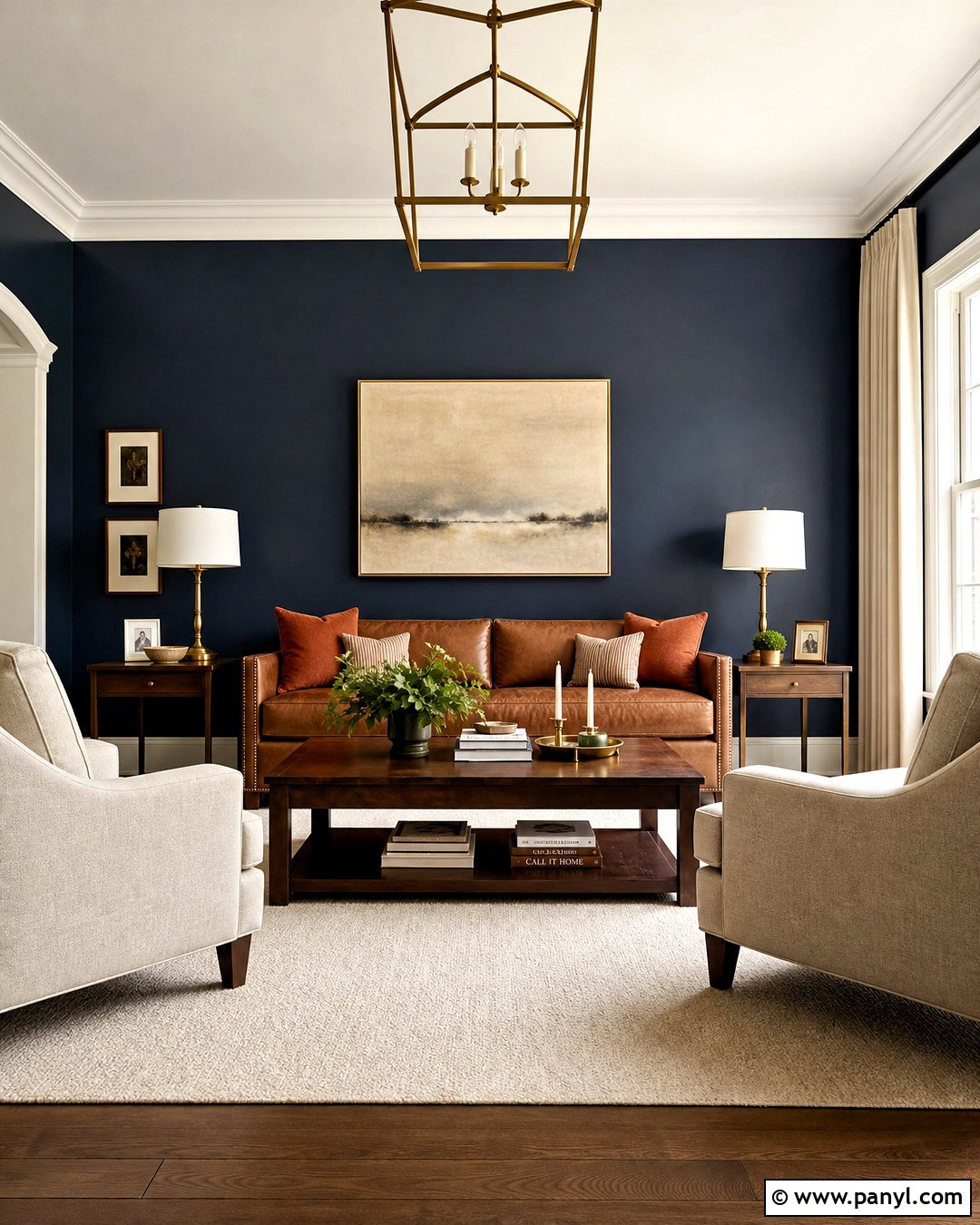 Dark Blue Living Room With Cognac Leather - 20 dark blue wall paint ideas