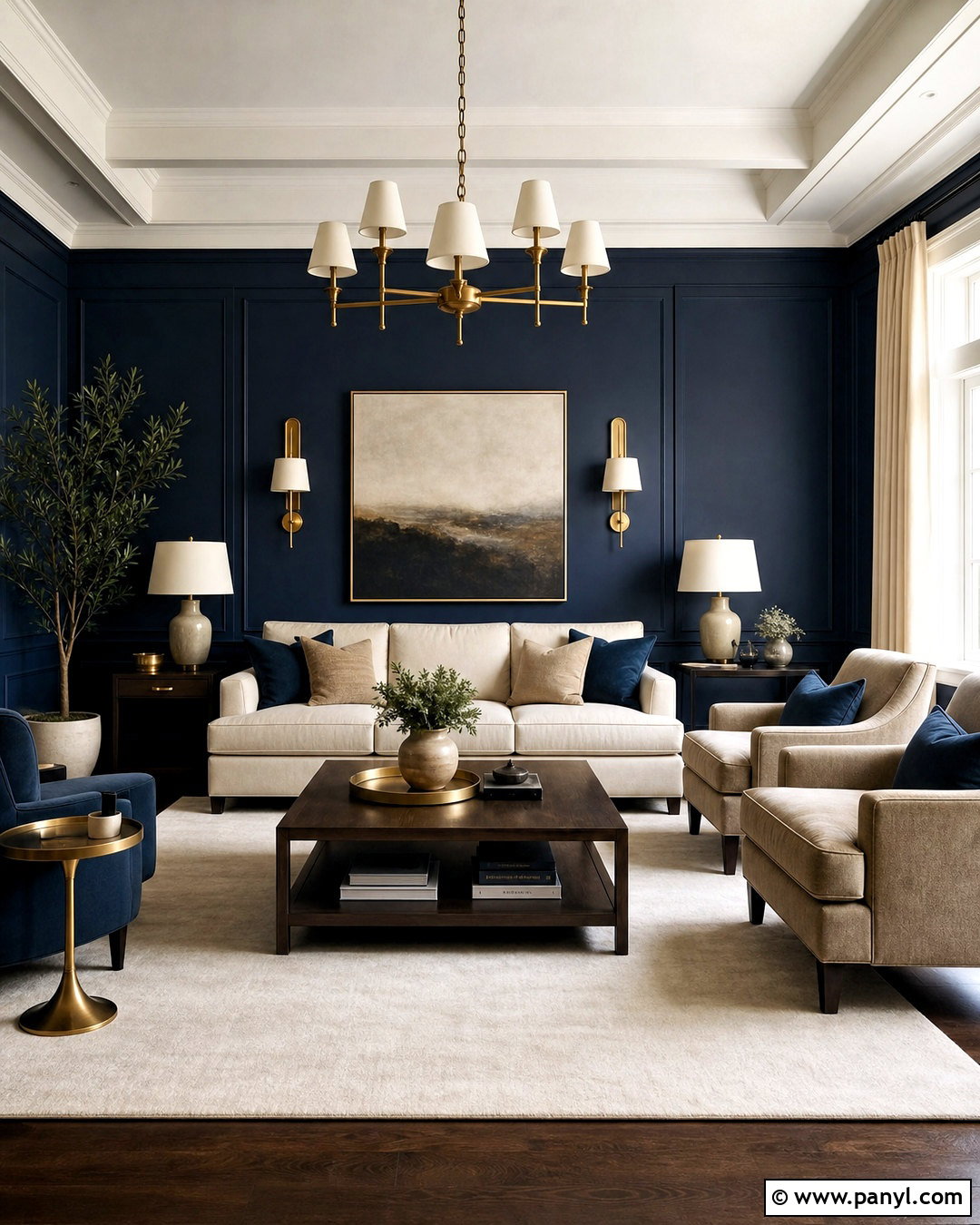 Dark Blue Living Room With Cream And Brass - 20 dark blue living room color scheme ideas