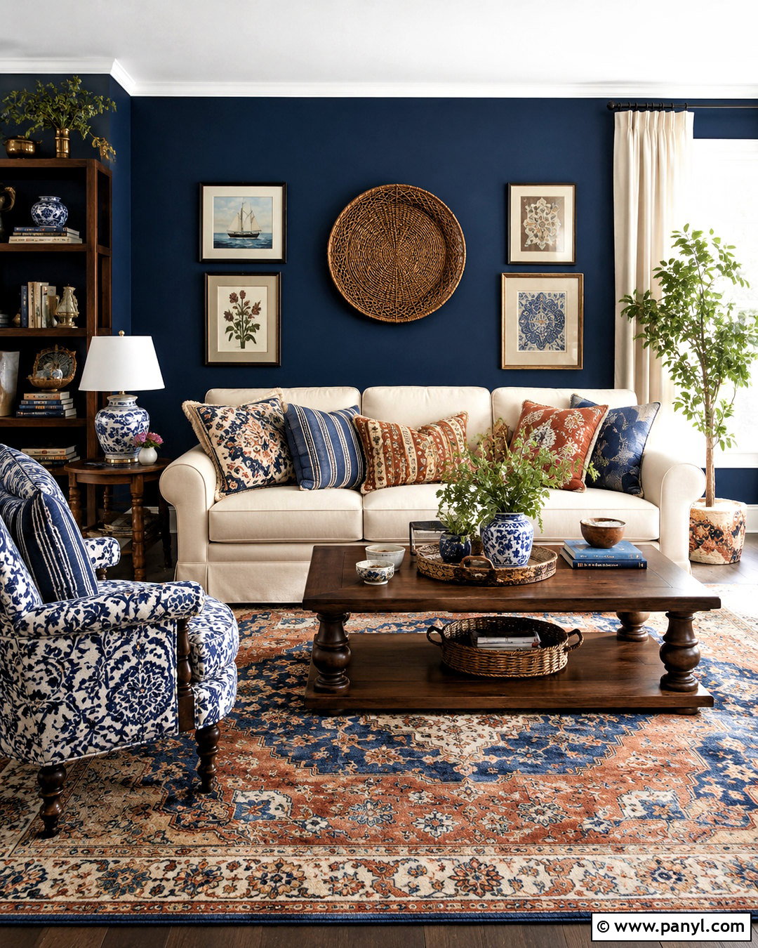 Dark Blue Living Room With Layered Patterns - 20 dark blue living room ideas