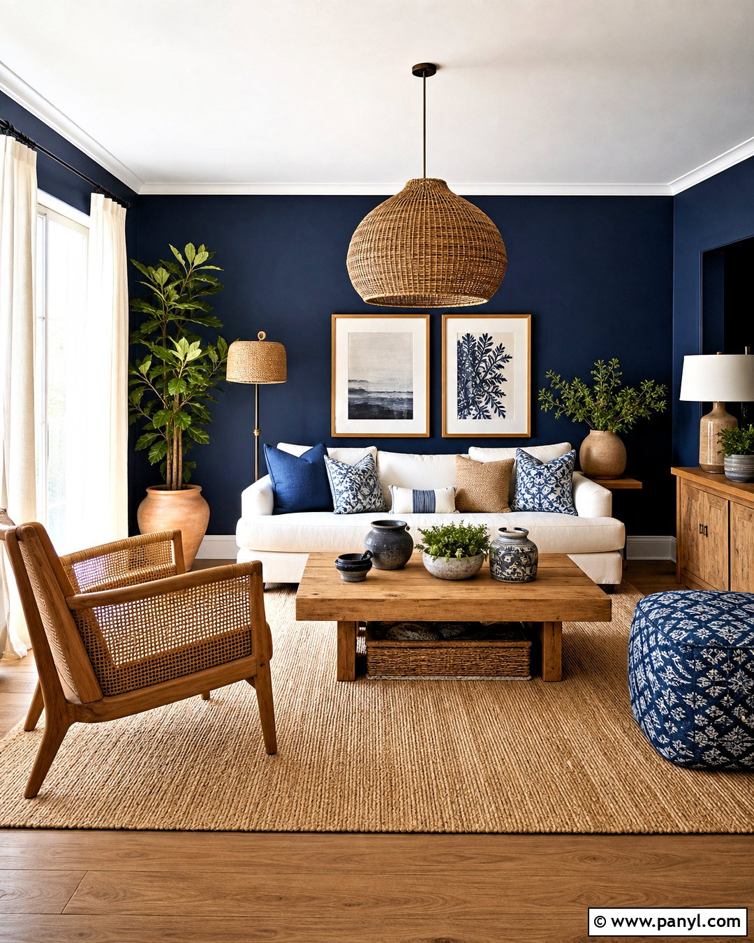 Dark Blue Living Room With Rattan And Natural Wood - 20 dark blue living room color scheme ideas