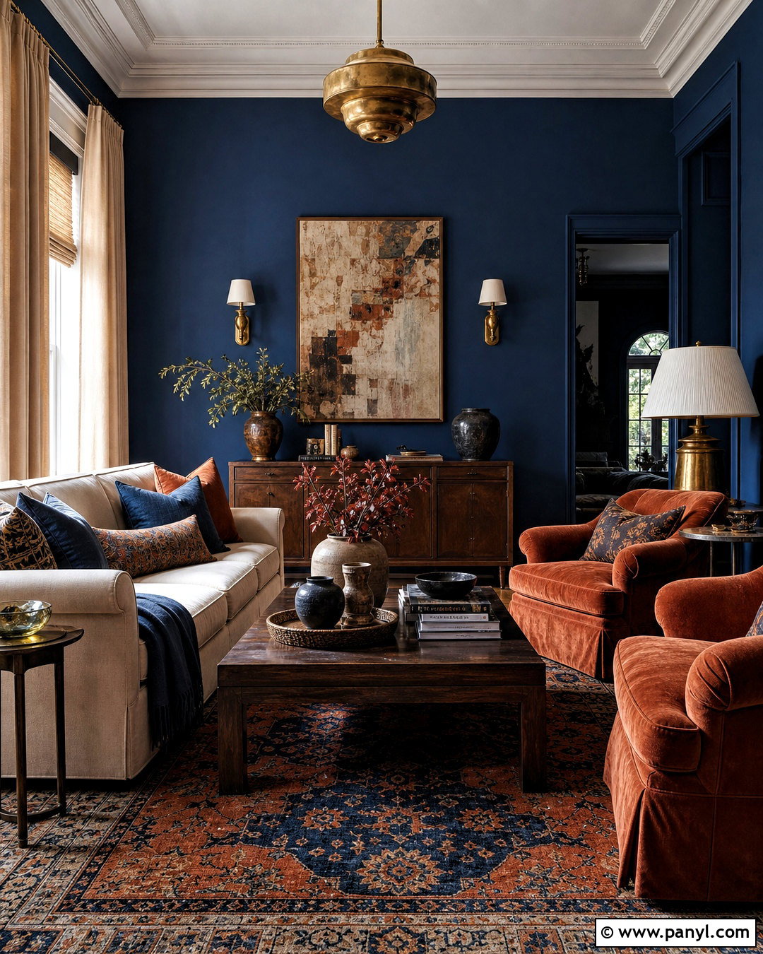 Dark Blue Living Room With Rust Accents - 20 dark blue interior design ideas