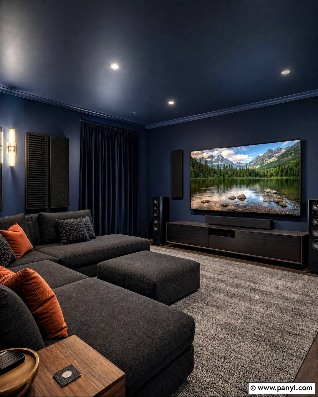 Dark Blue Media Room With Charcoal Furniture - 20 dark blue wall paint ideas