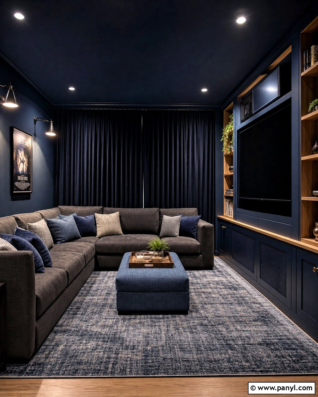 Dark Blue Media Room With Sectional Sofa - 20 dark blue interior design ideas