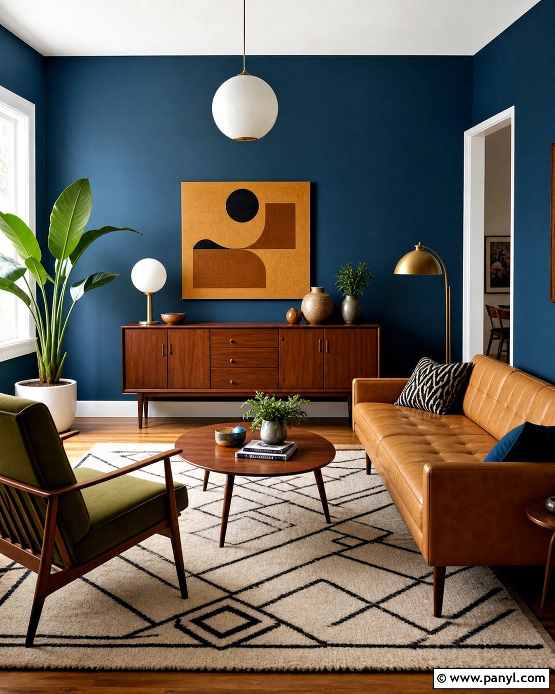 Dark Blue Midcentury Living Room With Walnut - 20 dark blue wall paint ideas