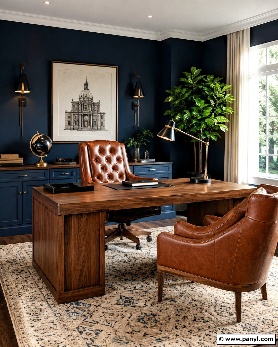 Dark Blue Office With Cognac Leather Chair - 20 dark blue office ideas