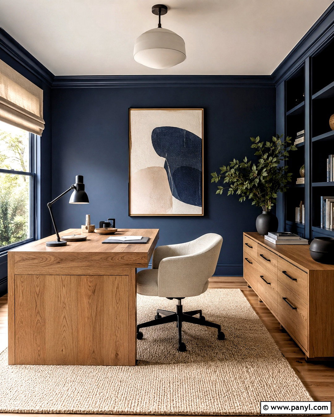 Dark Blue Office With Natural Wood Desk - 20 dark blue office ideas