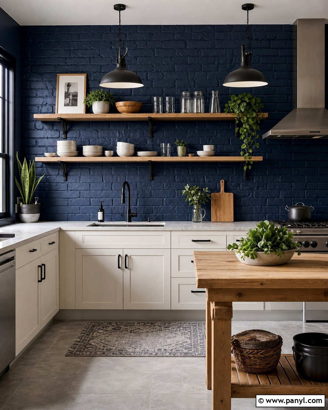 Dark Blue Painted Brick Kitchen Wall - 35 dark blue kitchen walls
