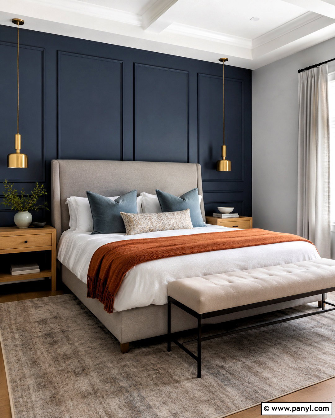 Dark Blue Paneled Feature Wall - 20 dark feature wall bedroom ideas