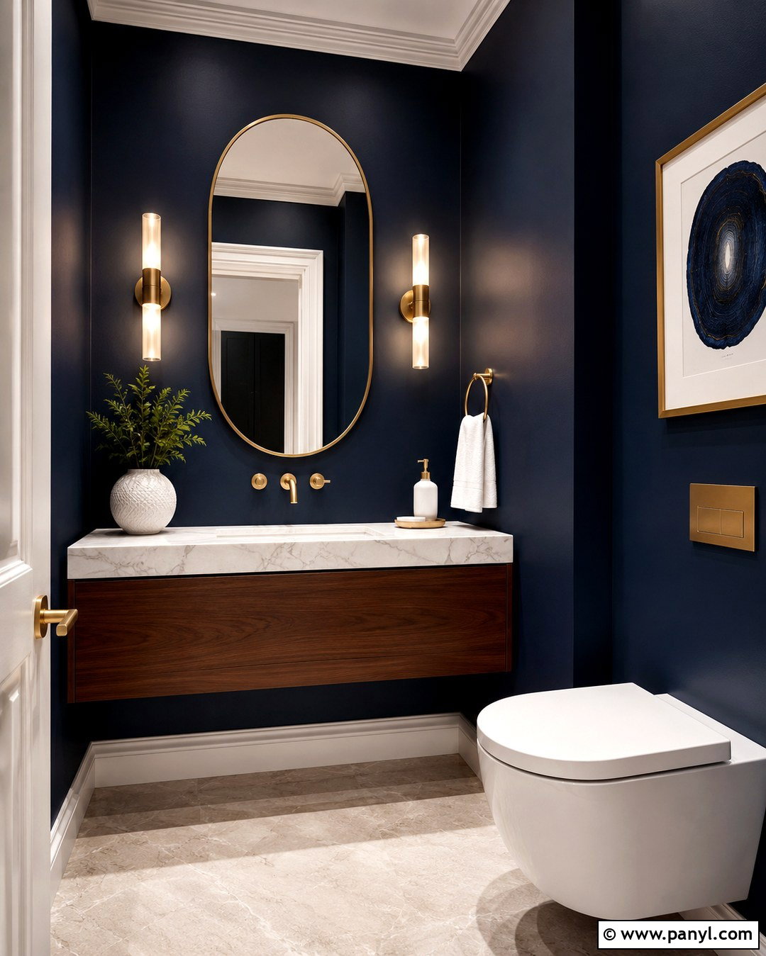 Dark Blue Powder Room Wall With Gold Vanity - 20 Dark Blue Wall With Gold Accents