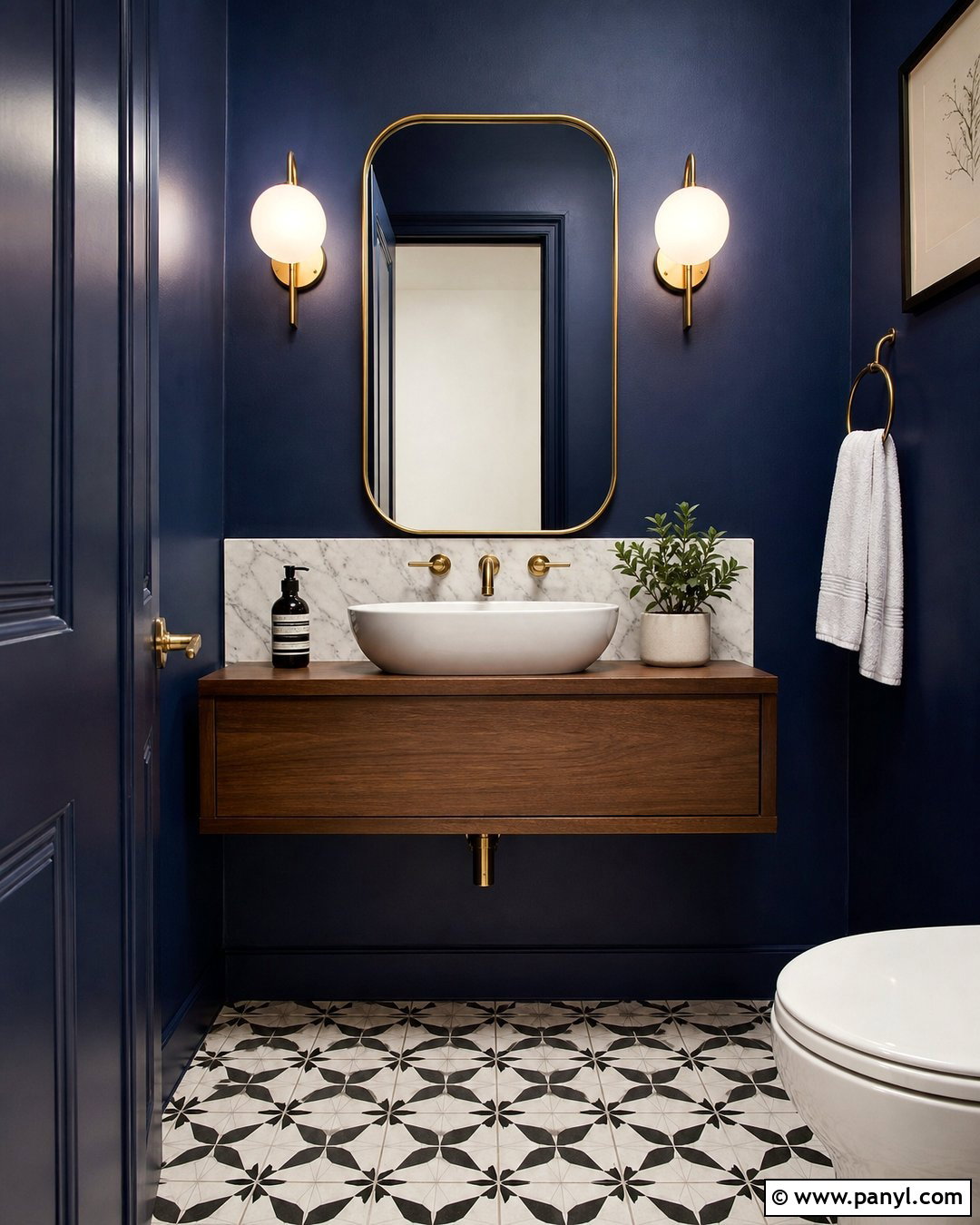 Dark Blue Powder Room Walls With Bold Tile - 20 Contemporary Dark Blue Walls