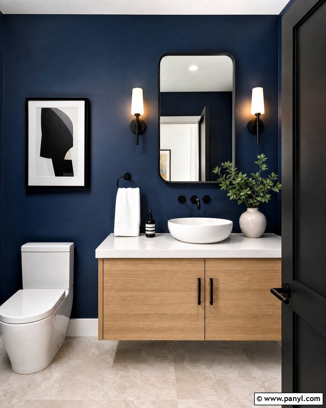 Dark Blue Powder Room With Black Accents - 20 dark blue powder room ideas