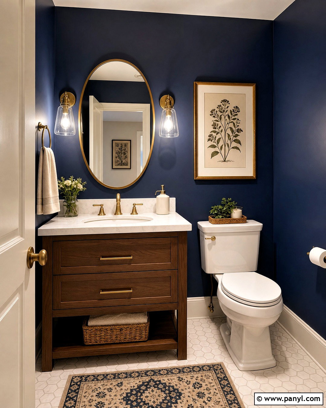 Dark Blue Powder Room With Brass Fixtures - 20 dark blue powder room ideas