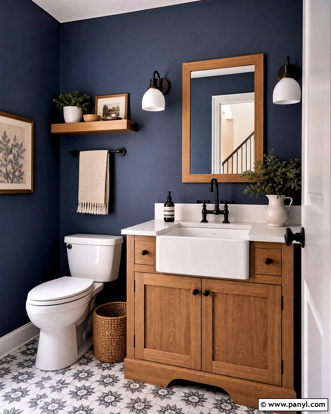 Dark Blue Powder Room With Farmhouse Vanity - 20 dark blue powder room ideas