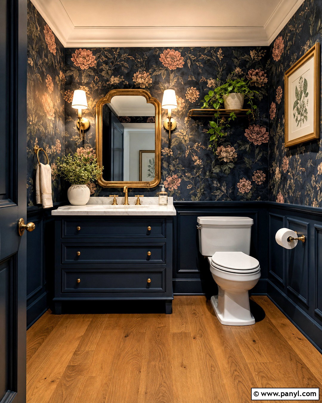 Dark Blue Powder Room With Floral Wallpaper - 20 dark blue powder room ideas