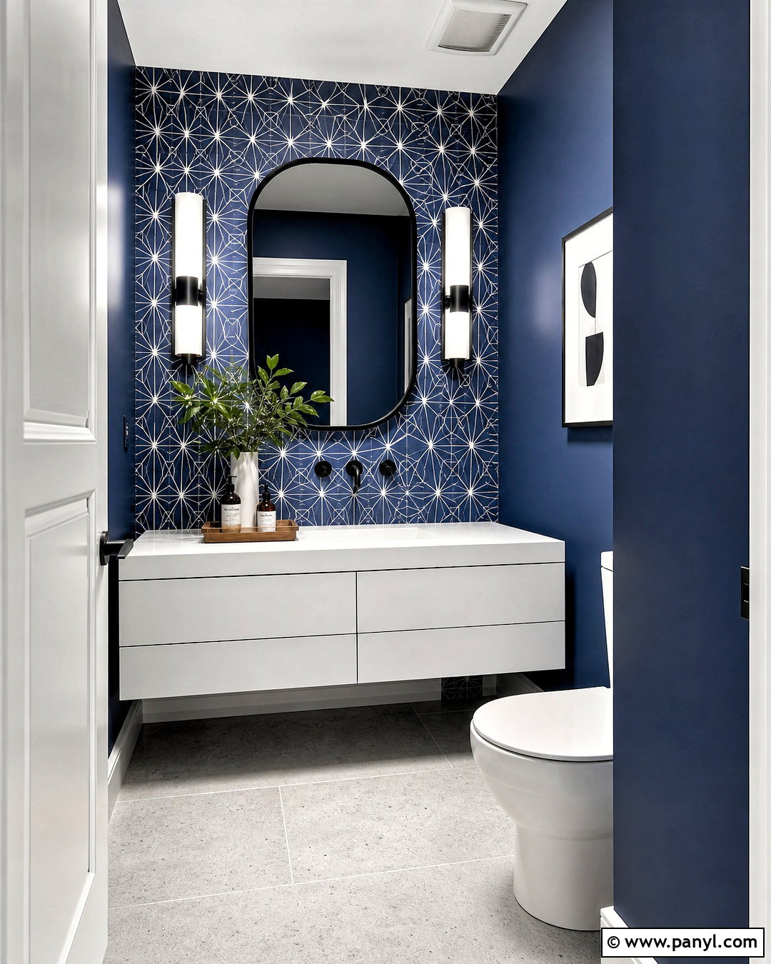 Dark Blue Powder Room With Geometric Tile - 20 dark blue powder room ideas
