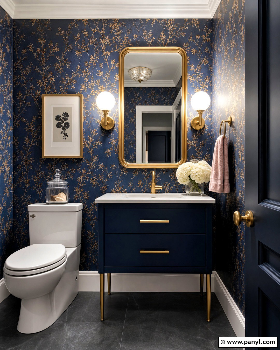 Dark Blue Powder Room With Gold Wallpaper - 20 dark blue powder room ideas