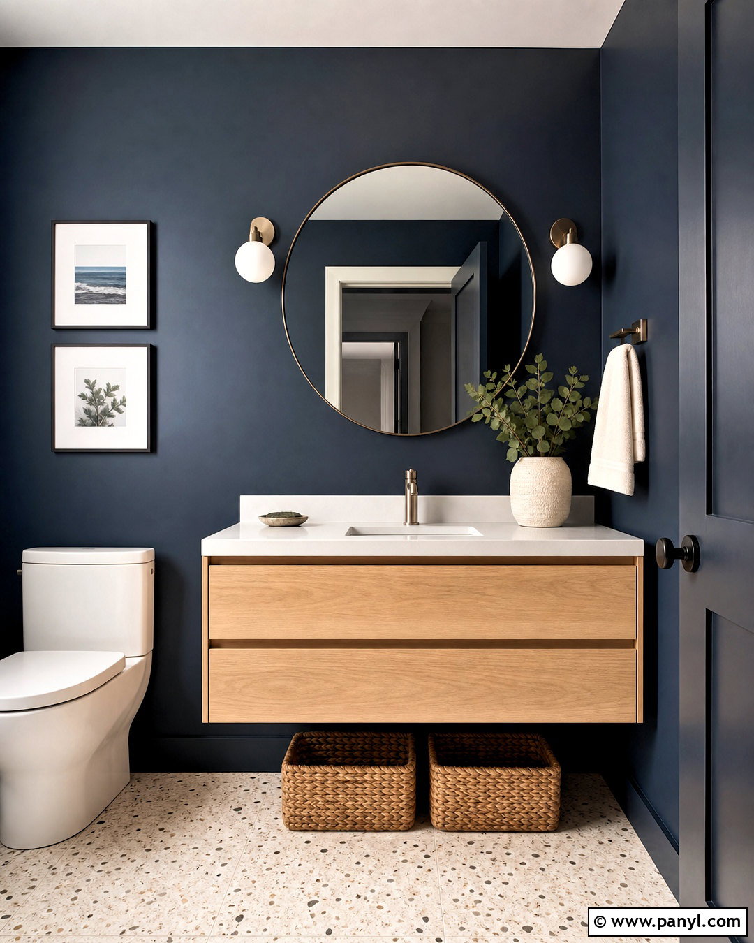 Dark Blue Powder Room With Light Wood Vanity - 20 dark blue powder room ideas