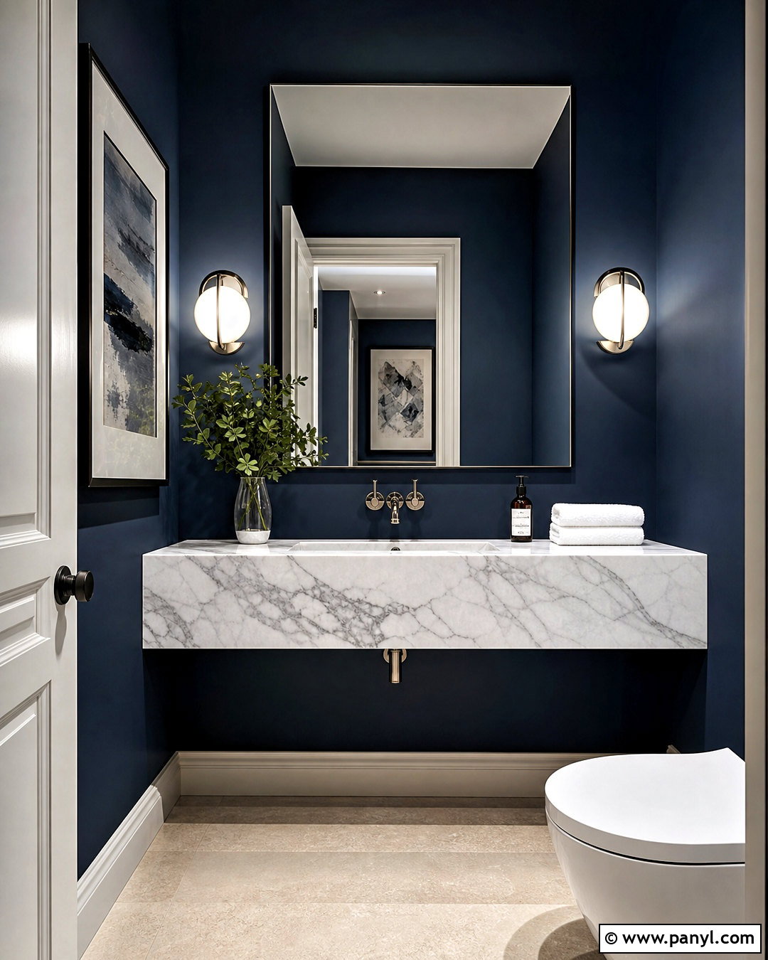 Dark Blue Powder Room With Marble Sink - 20 dark blue powder room ideas