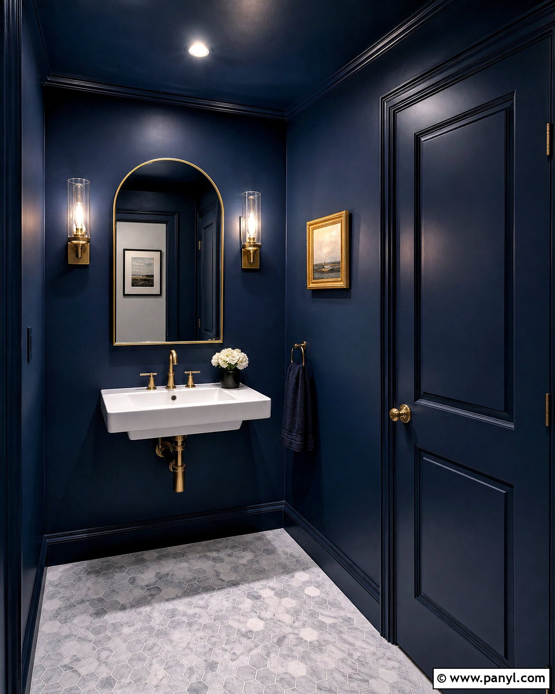 Dark Blue Powder Room With Painted Ceiling - 20 dark blue powder room ideas