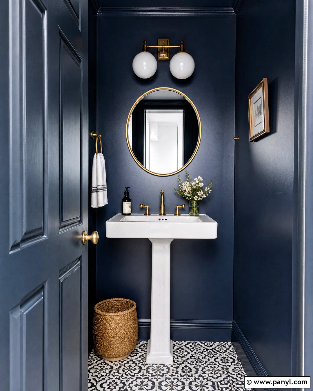 Dark Blue Powder Room With Patterned Floor - 20 dark blue room ideas