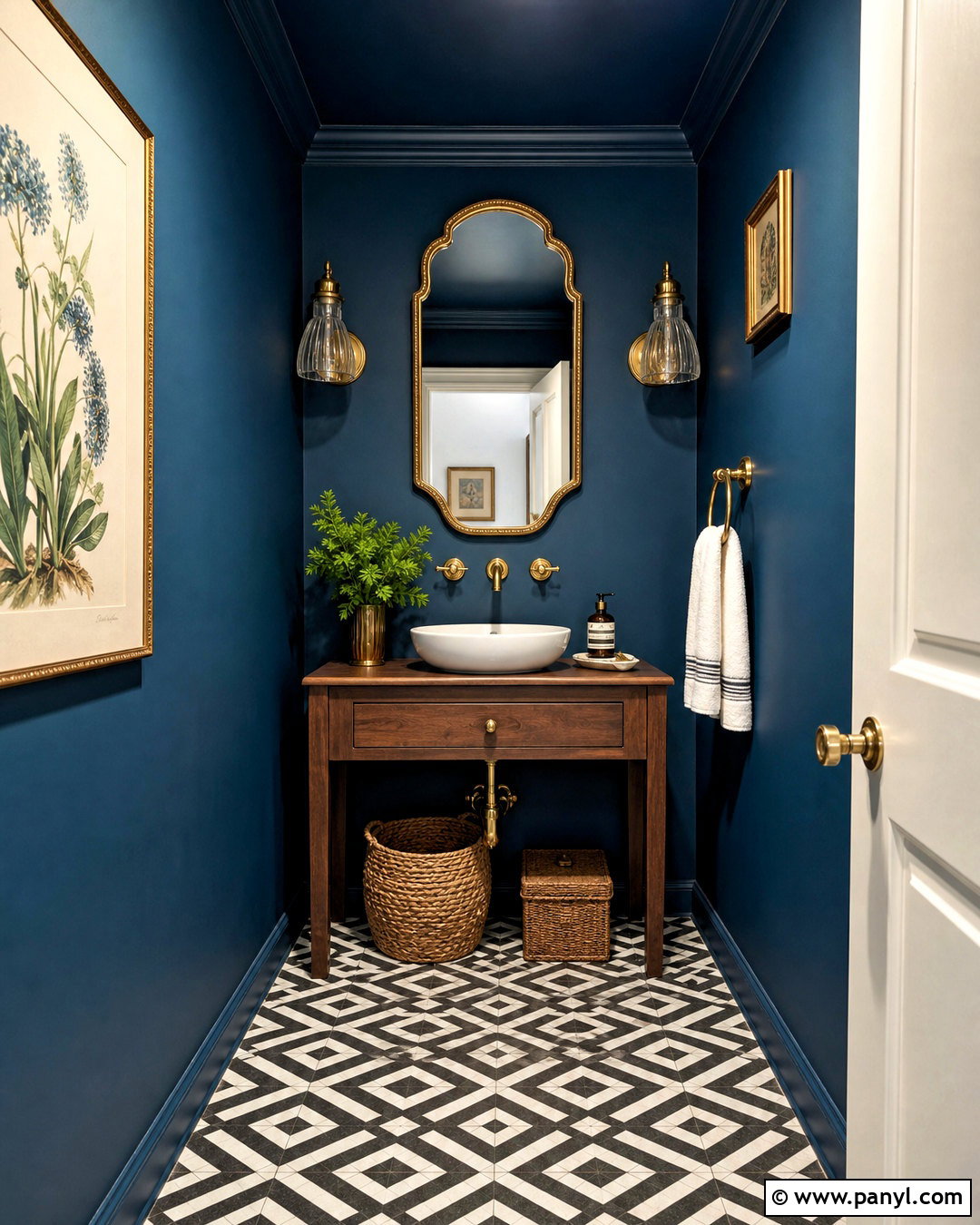 Dark Blue Powder Room With Patterned Tile - 20 dark blue wall paint ideas