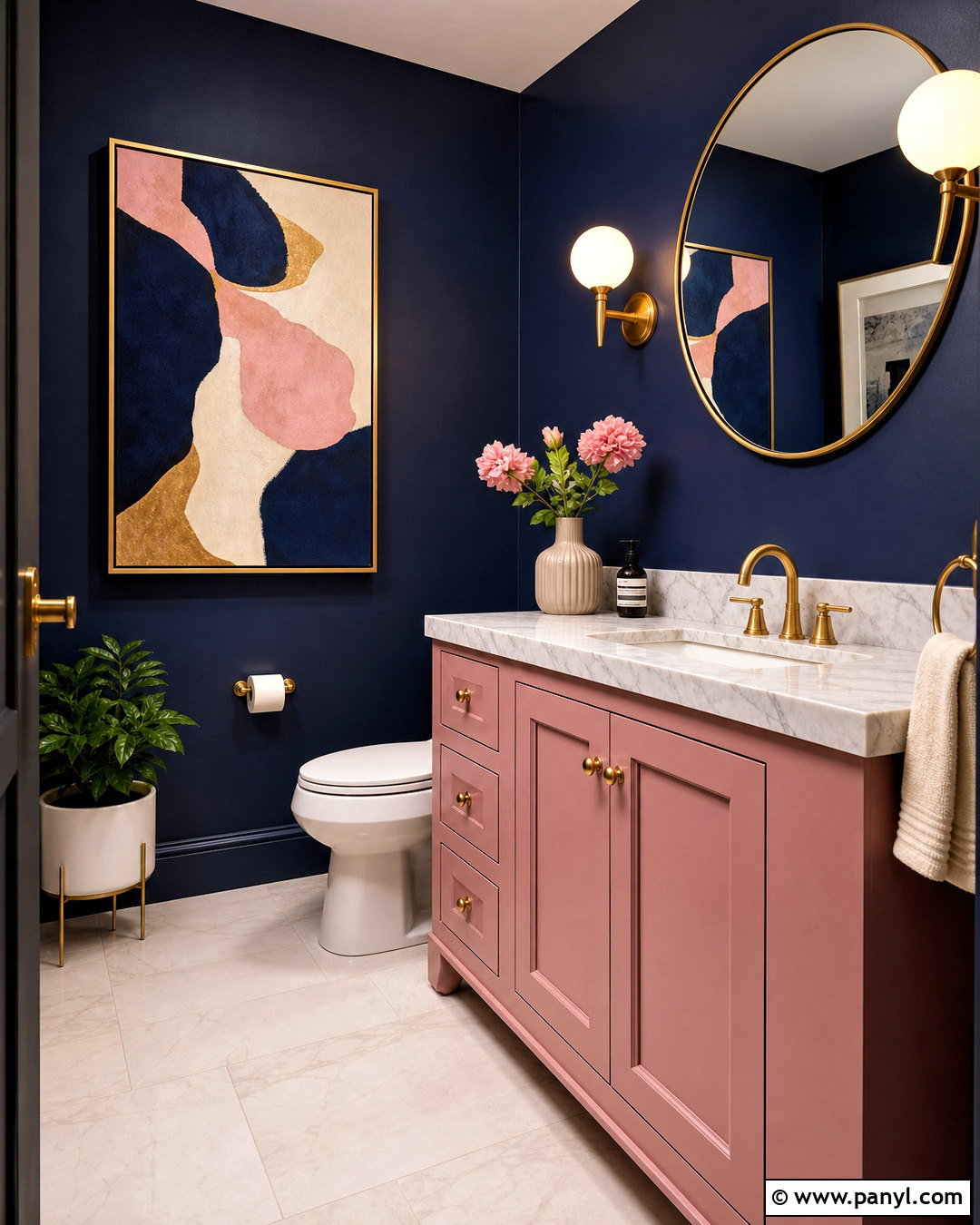 Dark Blue Powder Room With Pink Accents - 20 dark blue powder room ideas