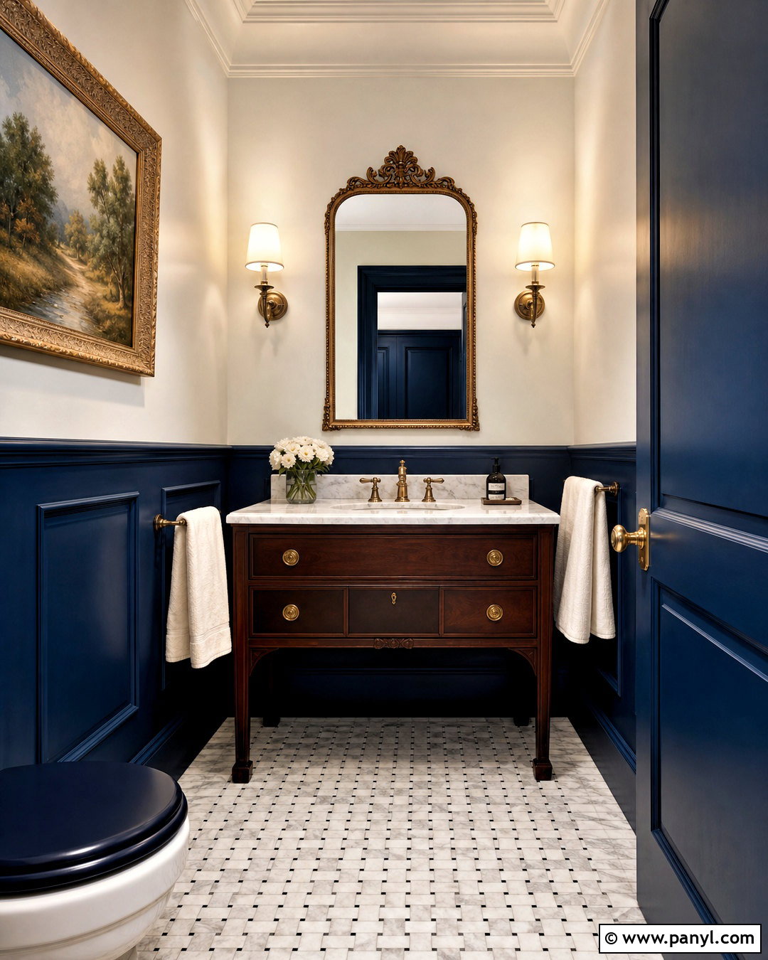 Dark Blue Powder Room With Traditional Paneling - 20 dark blue powder room ideas