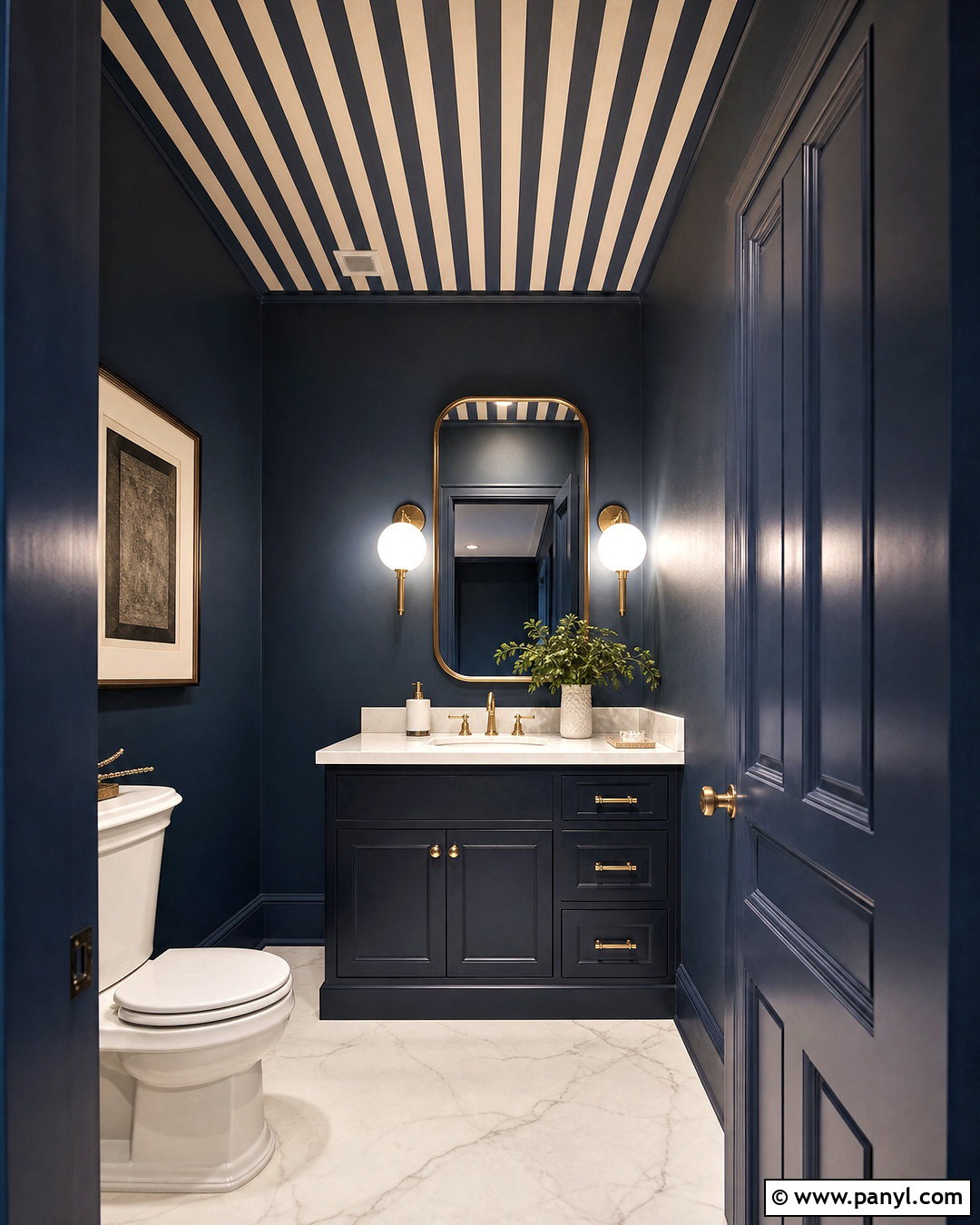 Dark Blue Powder Room With Wallpaper Ceiling - 20 dark powder room ideas
