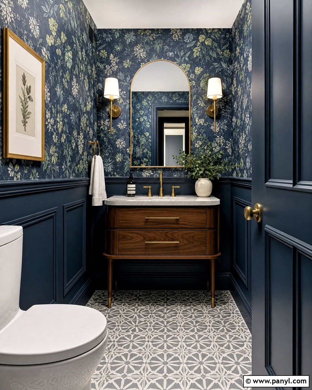 Dark Blue Powder Room With Wallpaper - 20 dark blue interior ideas