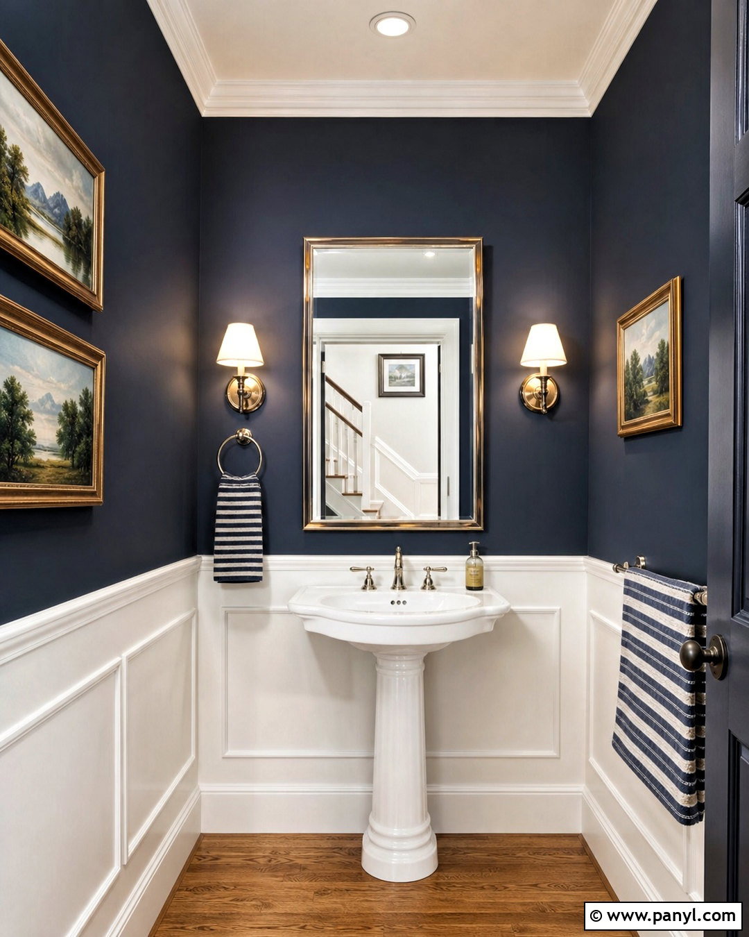 Dark Blue Powder Room With White Wainscoting - 20 dark blue powder room ideas