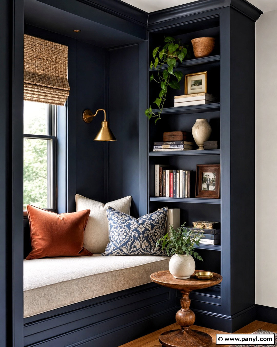Dark Blue Reading Nook With Built-In Bench - 20 dark blue interior ideas