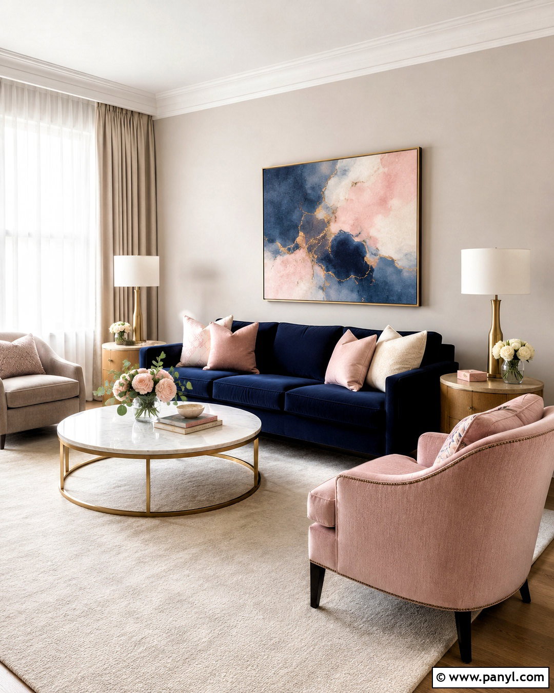 Dark Blue Sofa With Blush Pink - 20 dark blue sofa living room ideas