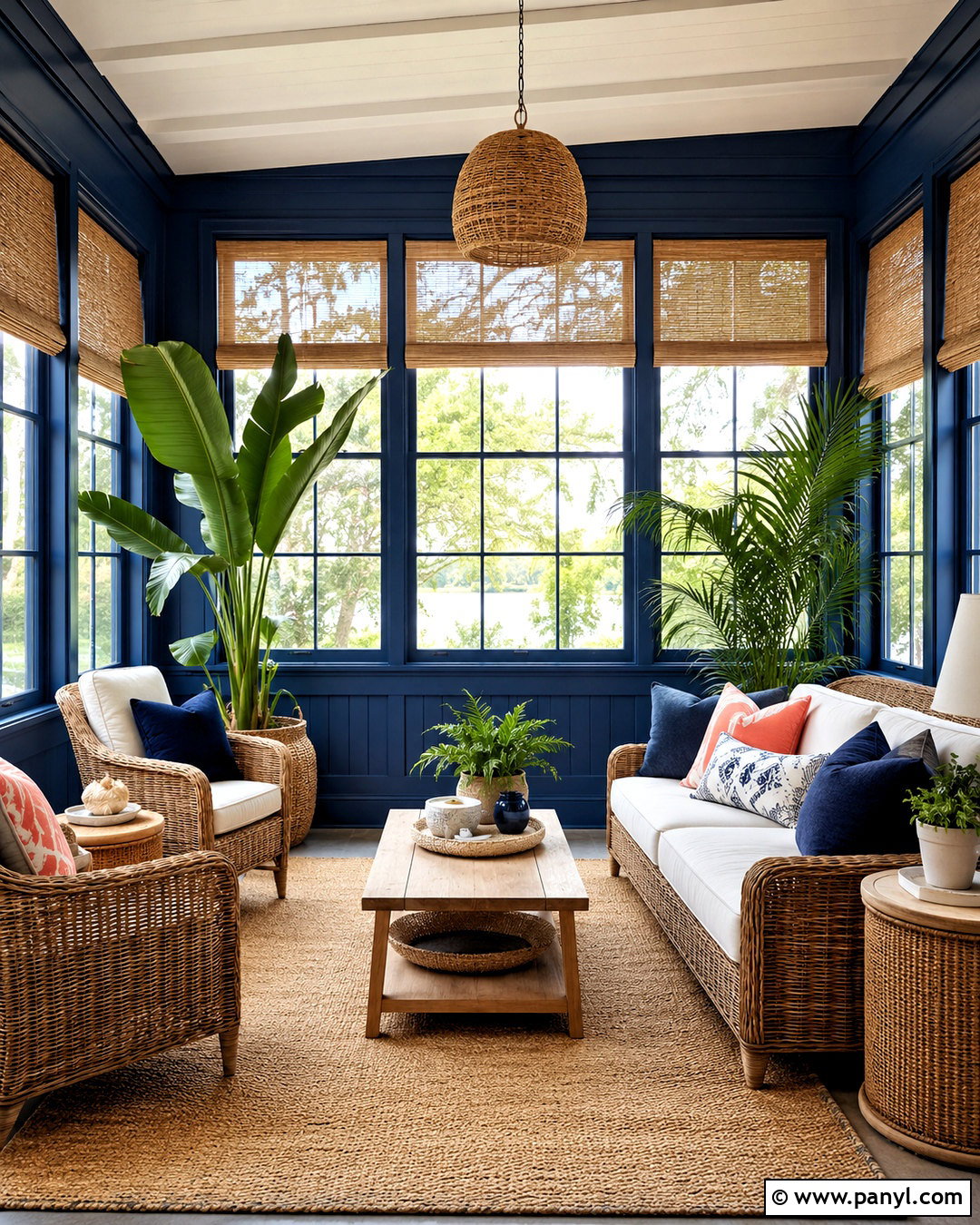 Dark Blue Sunroom With Wicker Furniture - 20 dark blue rooms