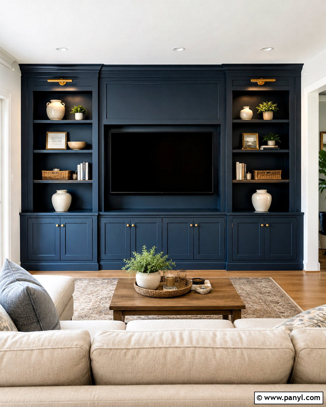 Dark Blue TV Wall With Built-Ins - 20 blue tv wall ideas