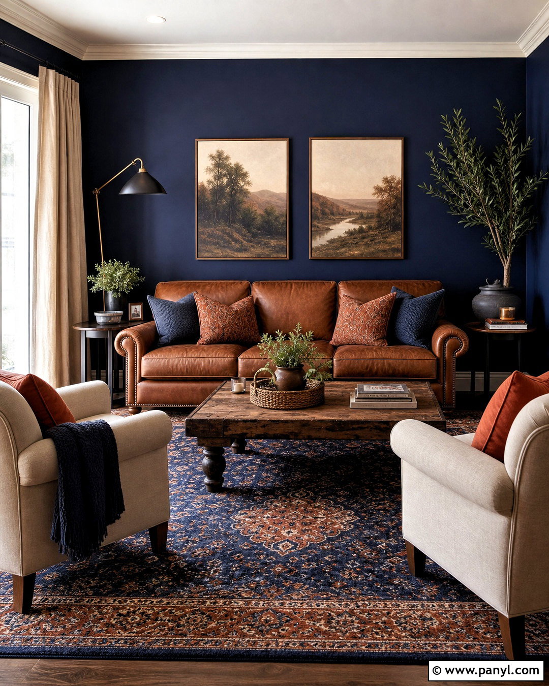 Dark Blue Walls With Brown Leather Furniture - 20 dark blue walls living room ideas
