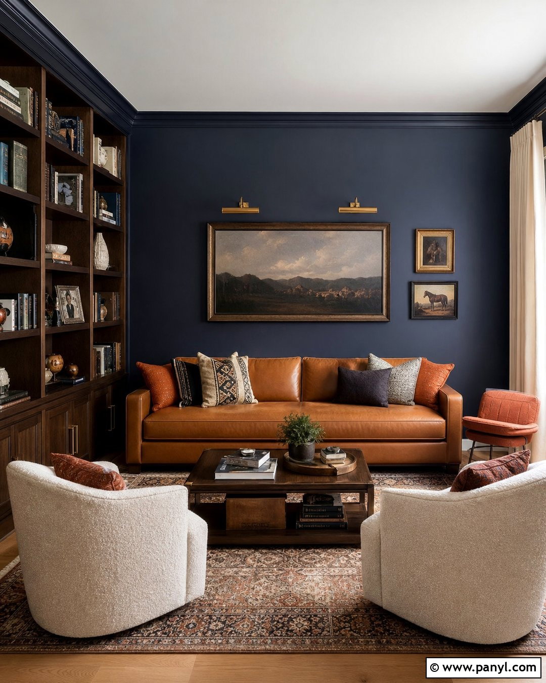 Dark Blue Walls With Camel Leather - 20 Dark Blue Wall Contrast Ideas